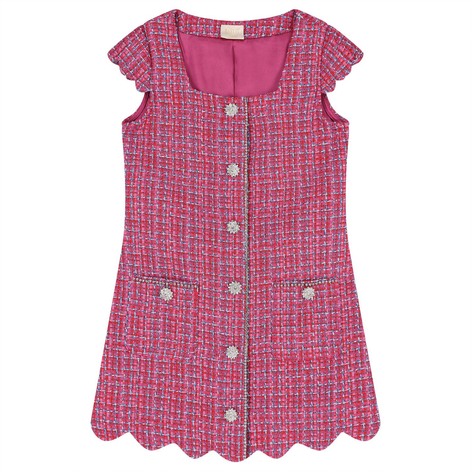 Girls Pink Tweed Diamante Dress, 1, hi-res