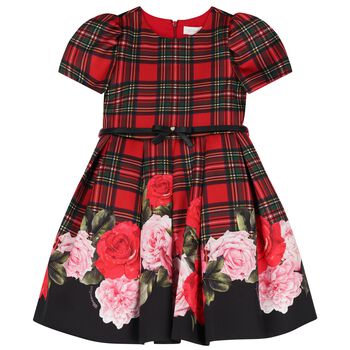 Girls Red Tartan & Roses Dress