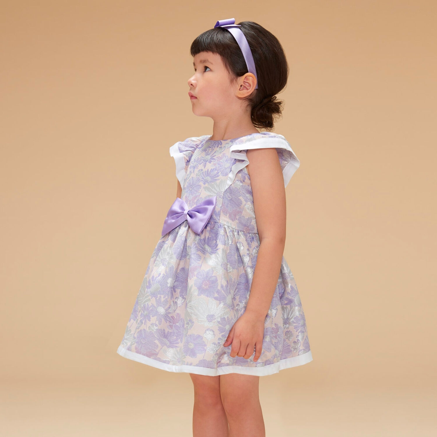 Girls Lilac Floral Jacquard Dress, 1, hi-res