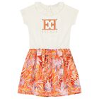 Girls Ivory & Orange Logo Dress, 1, hi-res