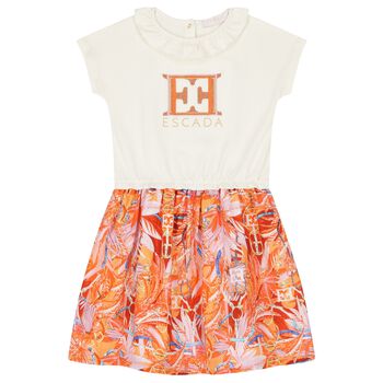 Girls Ivory & Orange Logo Dress