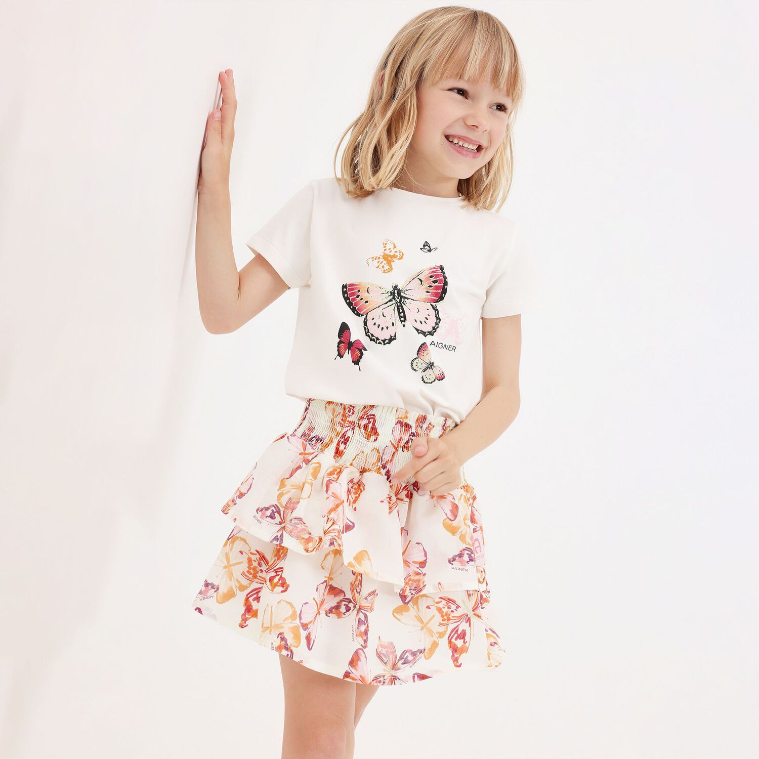 Girls Ivory Butterflies Logo T-Shirt, 1, hi-res