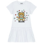 Girls White Teddy Bear Logo Dress, 1, hi-res