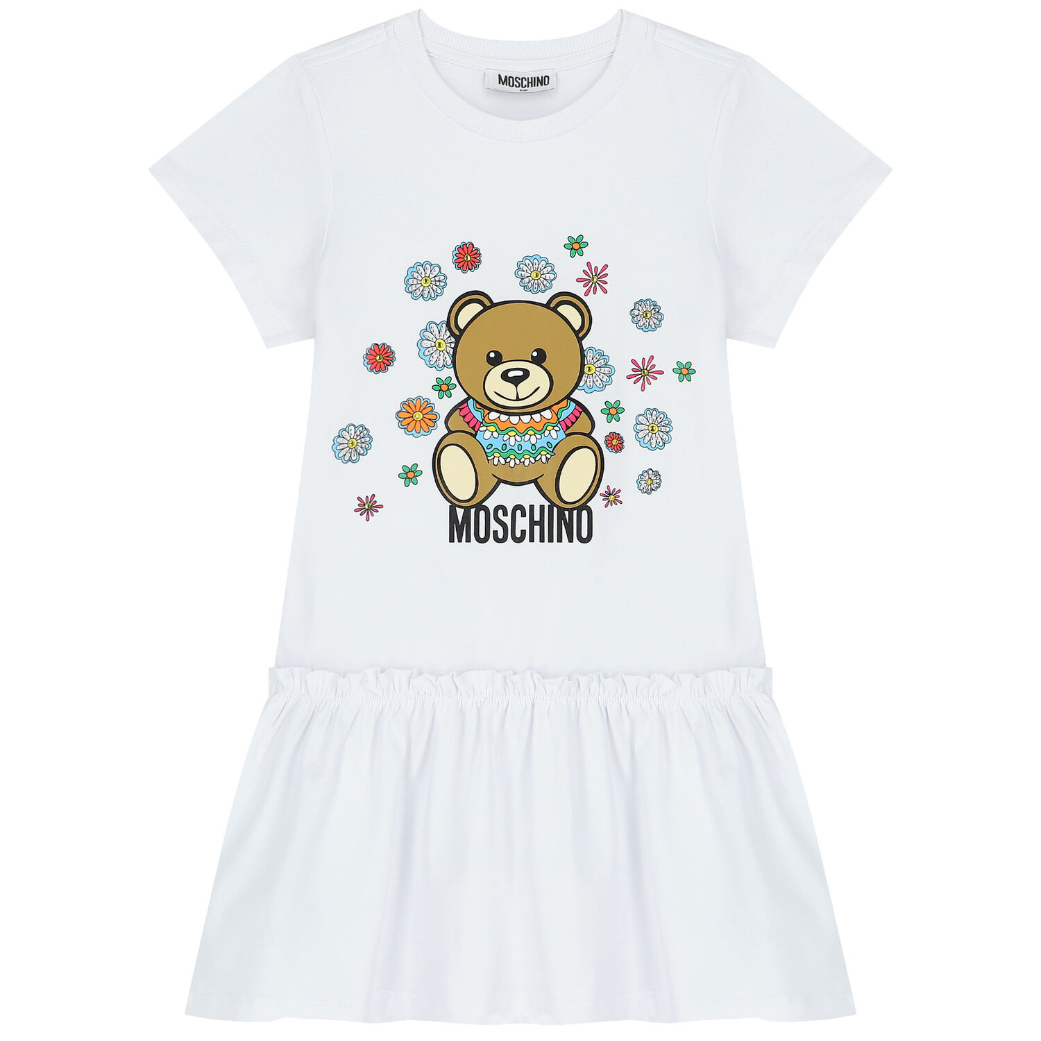 Girls White Teddy Bear Logo Dress, 1, hi-res image number null