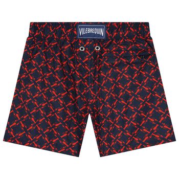 Boys Navy Blue & Red Logo Lobster Swim Shorts