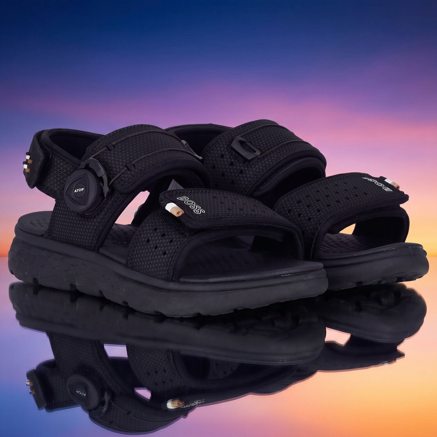Boys Black Logo Sandals, 1, hi-res