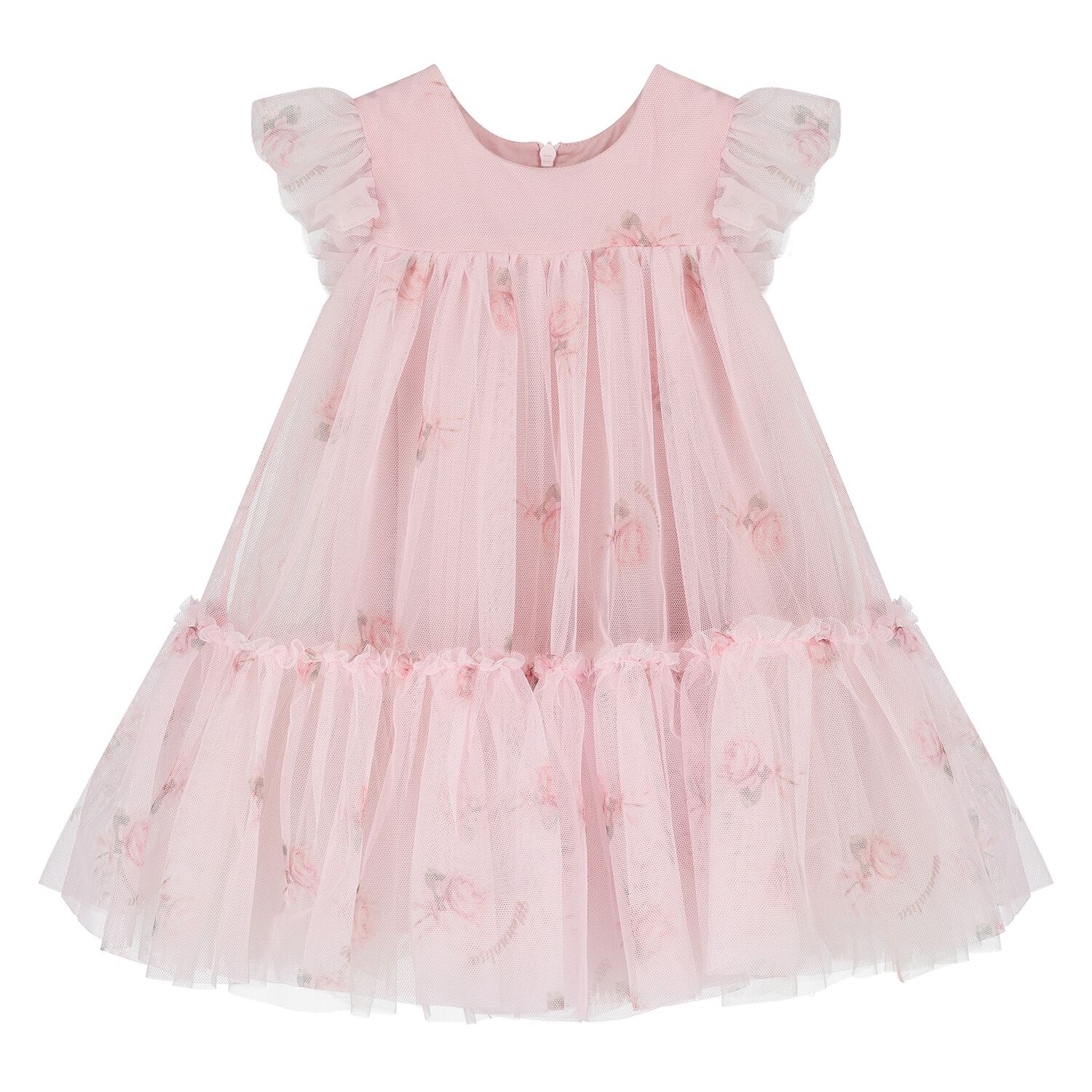 Younger Girls Pink Roses Tulle Dress, 1, hi-res