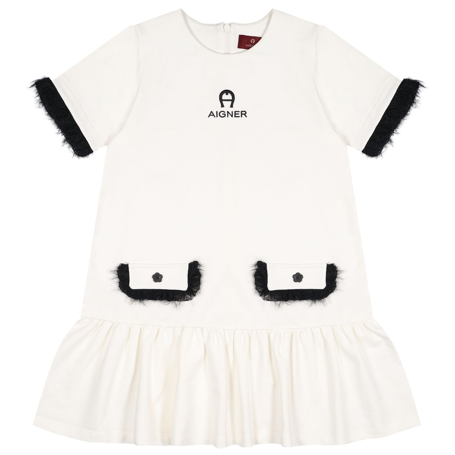 Girls Ivory & Black Logo Dress, 1, hi-res