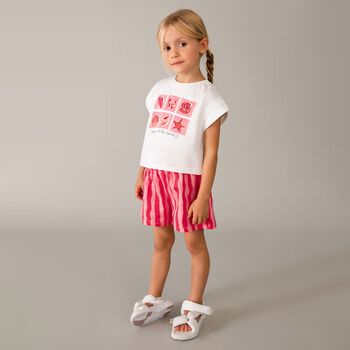 Girls White & Pink Striped Shorts Set