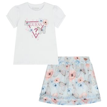Girls White & Blue Floral Skirt Set