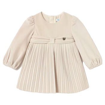 Younger Girls Ivory Velvet Pleated Dress