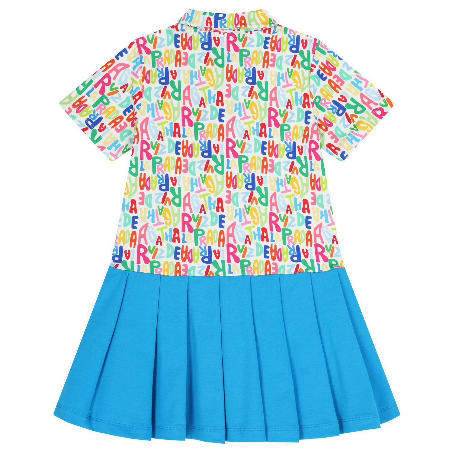 Girls White & Blue Logo Pleated Dress, 1, hi-res