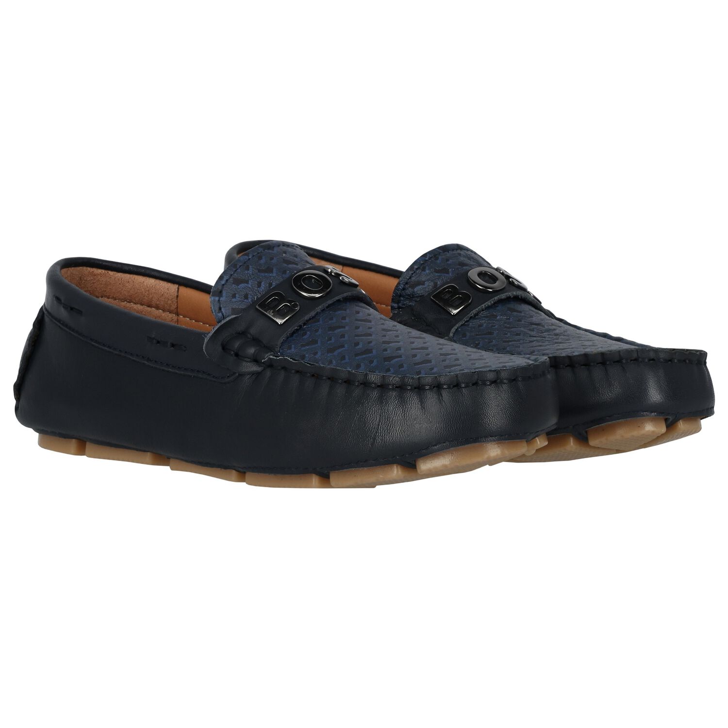 Boys Navy Blue Logo Moccasins, 2, hi-res