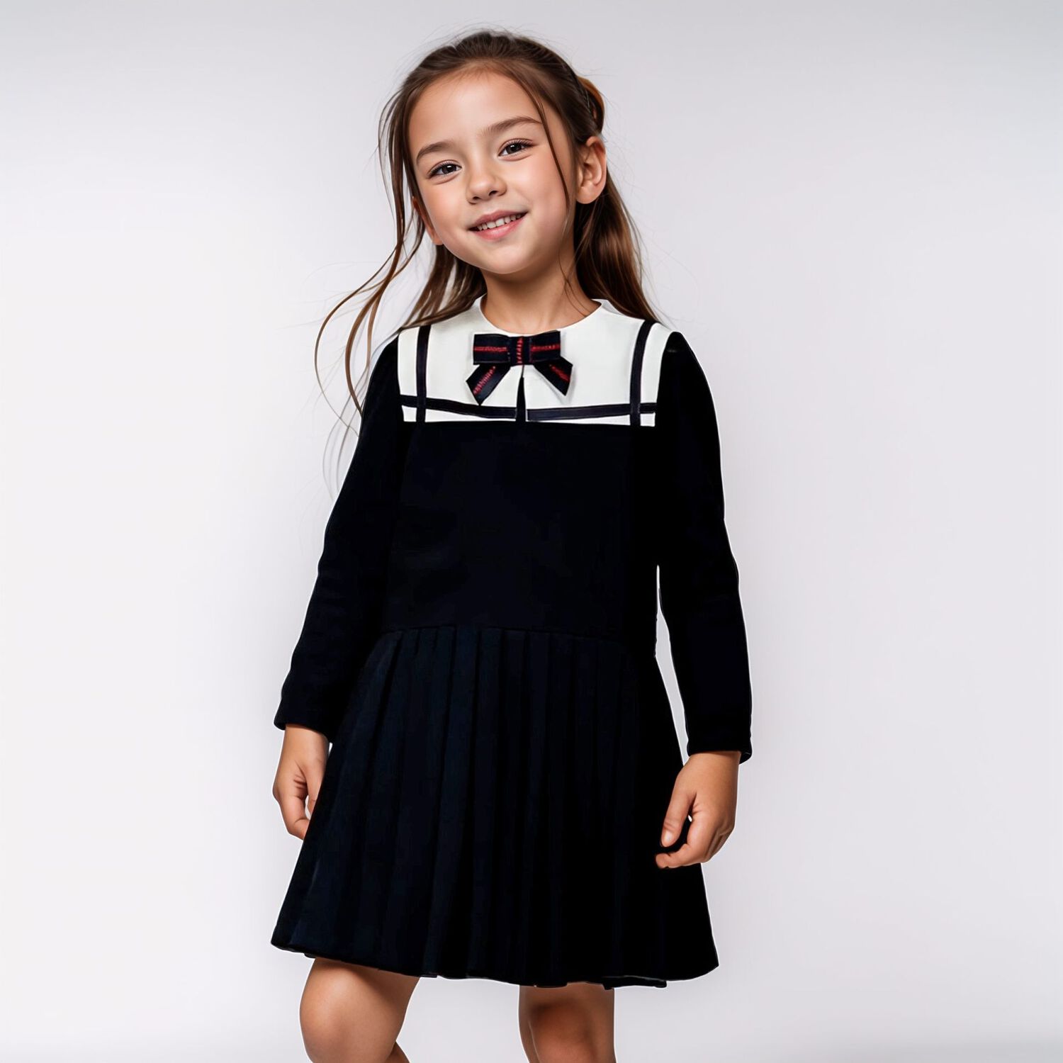 Girls Navy Blue Bow Dress, 1, hi-res