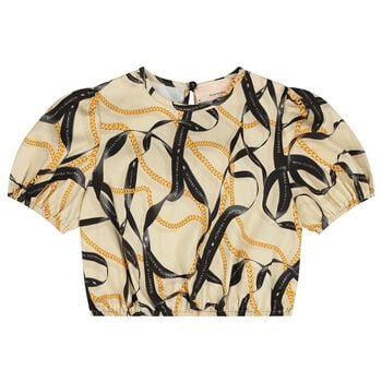 Girls Beige & Black Puffed Sleeve Top
