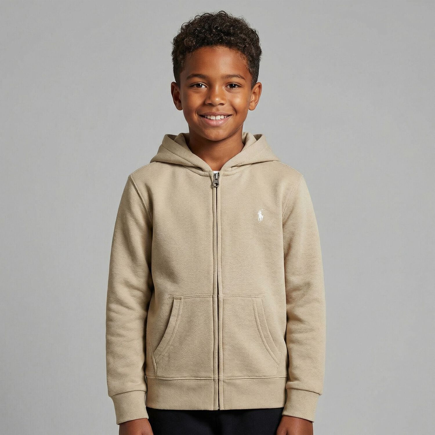 Boys Beige Logo Zip Up Hooded Top, 1, hi-res