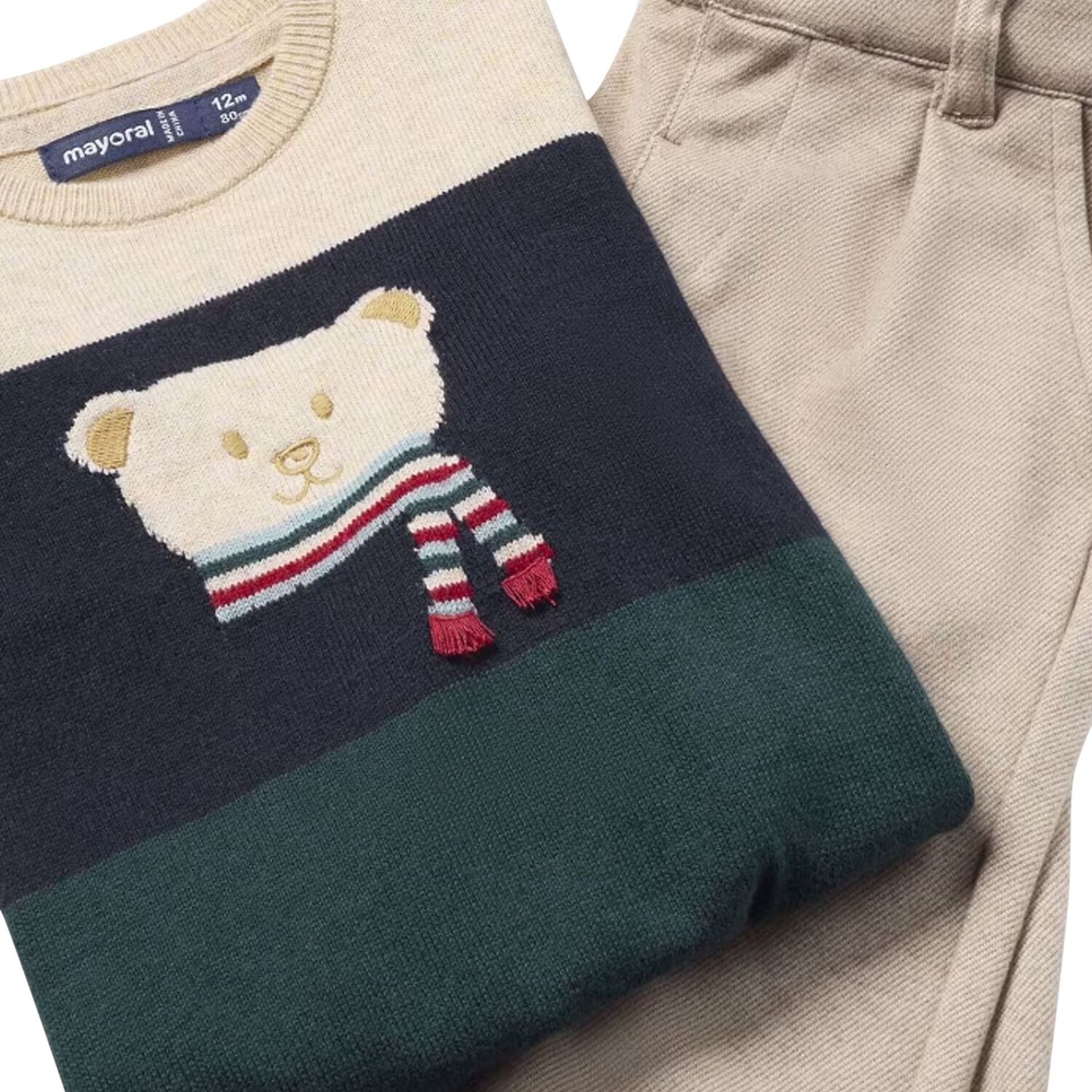 Younger Boys Beige Teddy Bear Trouser Set, 1, hi-res