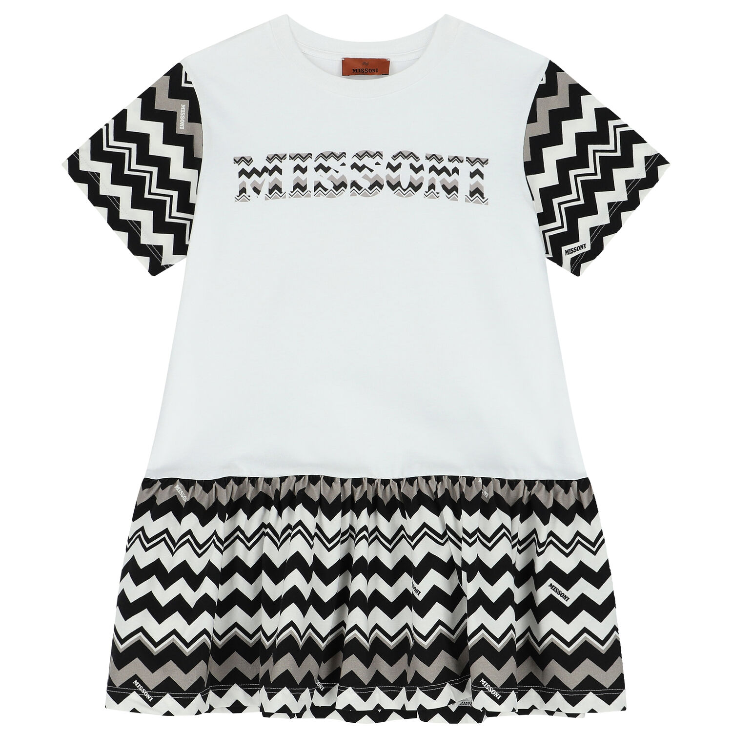Girls White & Black Logo Zigzag Dress, 1, hi-res