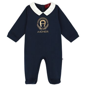 Baby Boys Navy & Gold Logo Babygrow