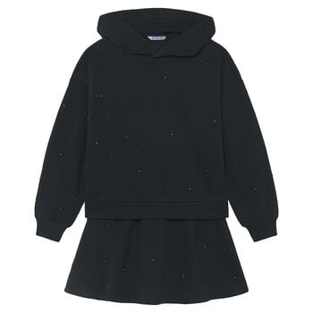 Girls Black Embellished Skirt Set
