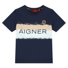 Younger Boys Navy Striped Logo T-Shirt, 1, hi-res