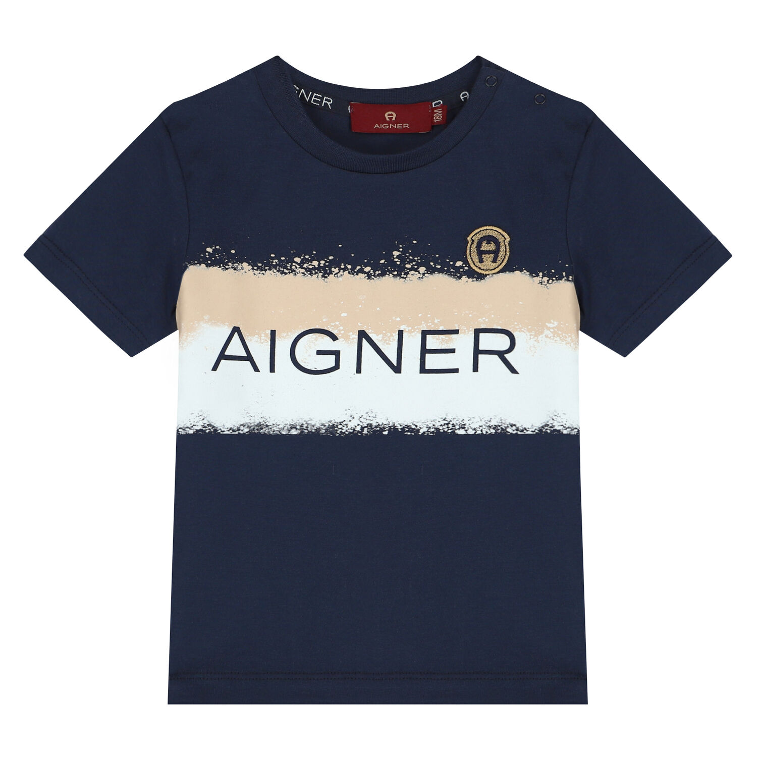 Younger Boys Navy Striped Logo T-Shirt, 1, hi-res
