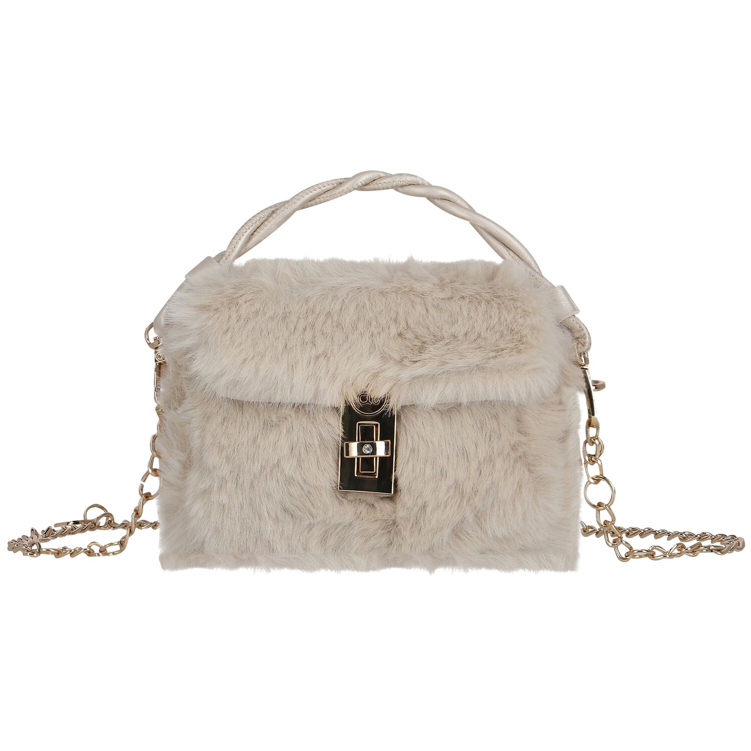 Girls Beige Faux Fur Handbag, 1, hi-res