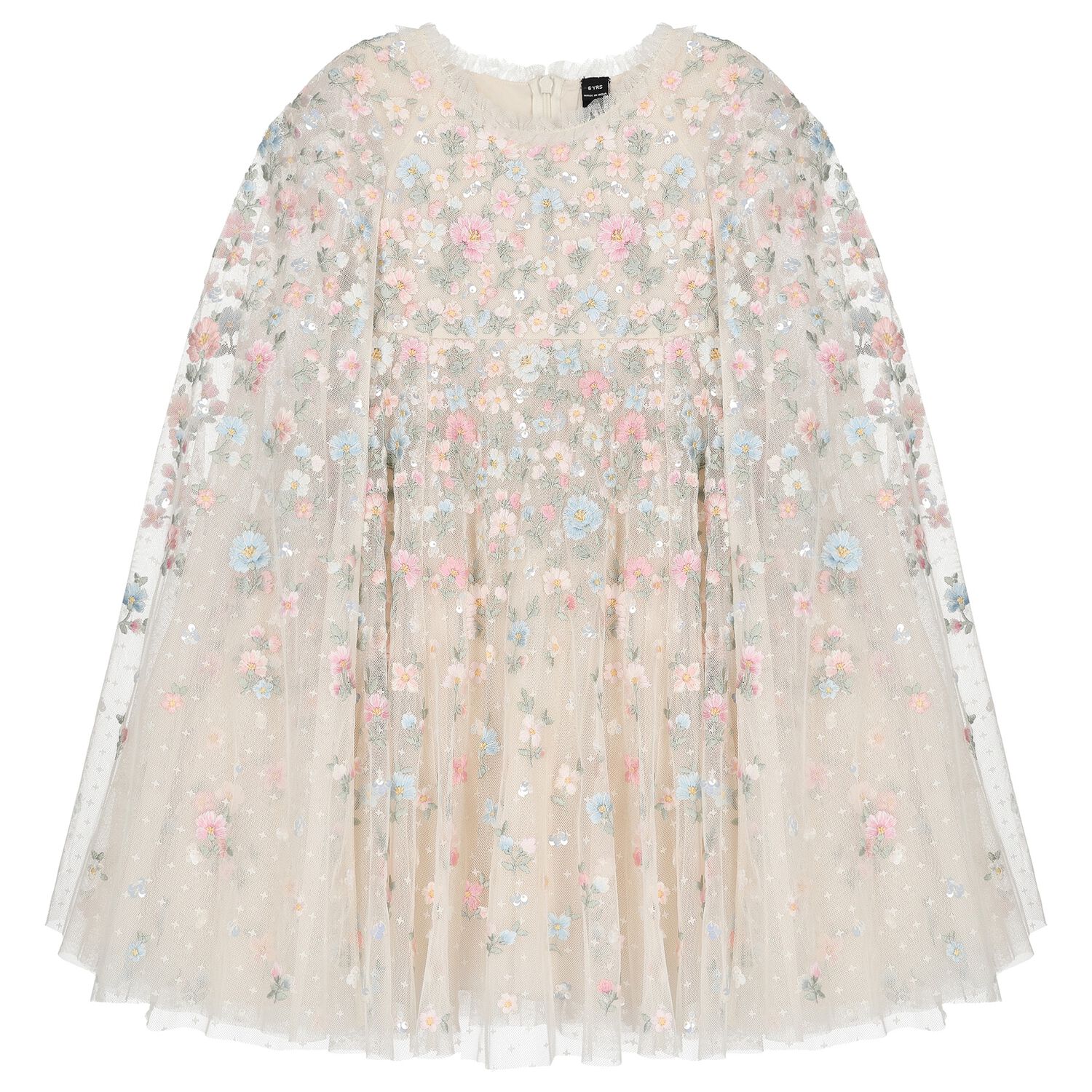 Girls Ivory Floral & Tulle Cape Dress, 1, hi-res