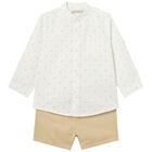 Younger Boys White & Beige Shirt & Shorts Set, 1, hi-res