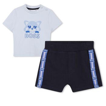 Baby Boys Blue & Navy Blue Logo Shorts Set