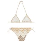 Girls Beige & Gold Striped Bikini, 1, hi-res