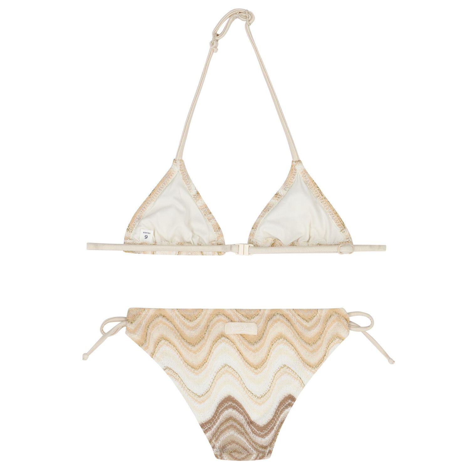 Girls Beige & Gold Striped Bikini, 1, hi-res