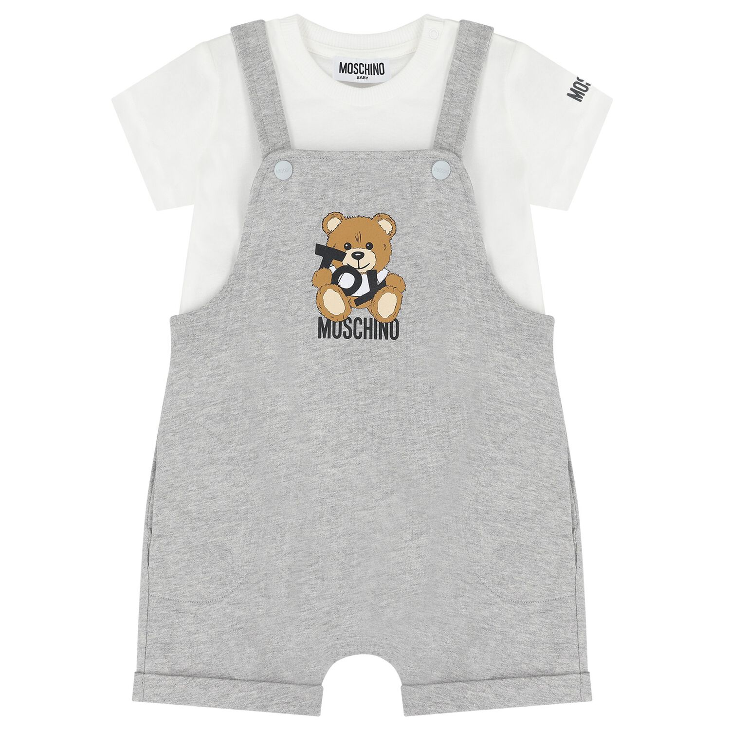 Younger White & Grey Teddy Bear Logo Dungaree Set, 2, hi-res