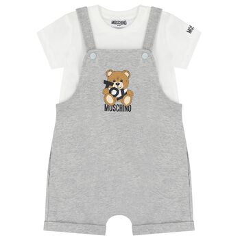 Younger White & Grey Teddy Bear Logo Dungaree Set