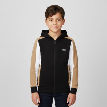Boys Black, Beige & Ivory Logo Hooded Zip Up Top