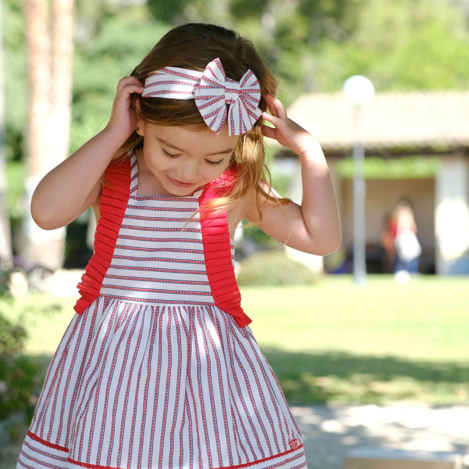 Girls White & Red Stiped Dress, 1, hi-res