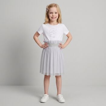 Girls White & Silver Tulle Dress