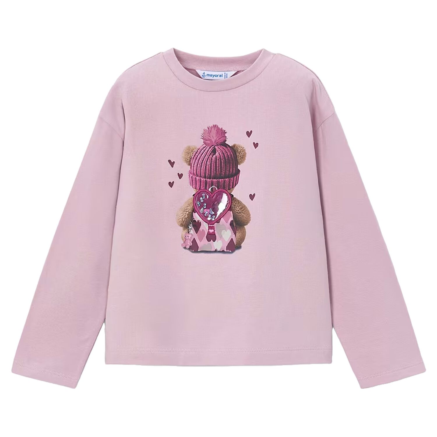 Girls Pink Teddy Bear Long Sleeve Top, 1, hi-res