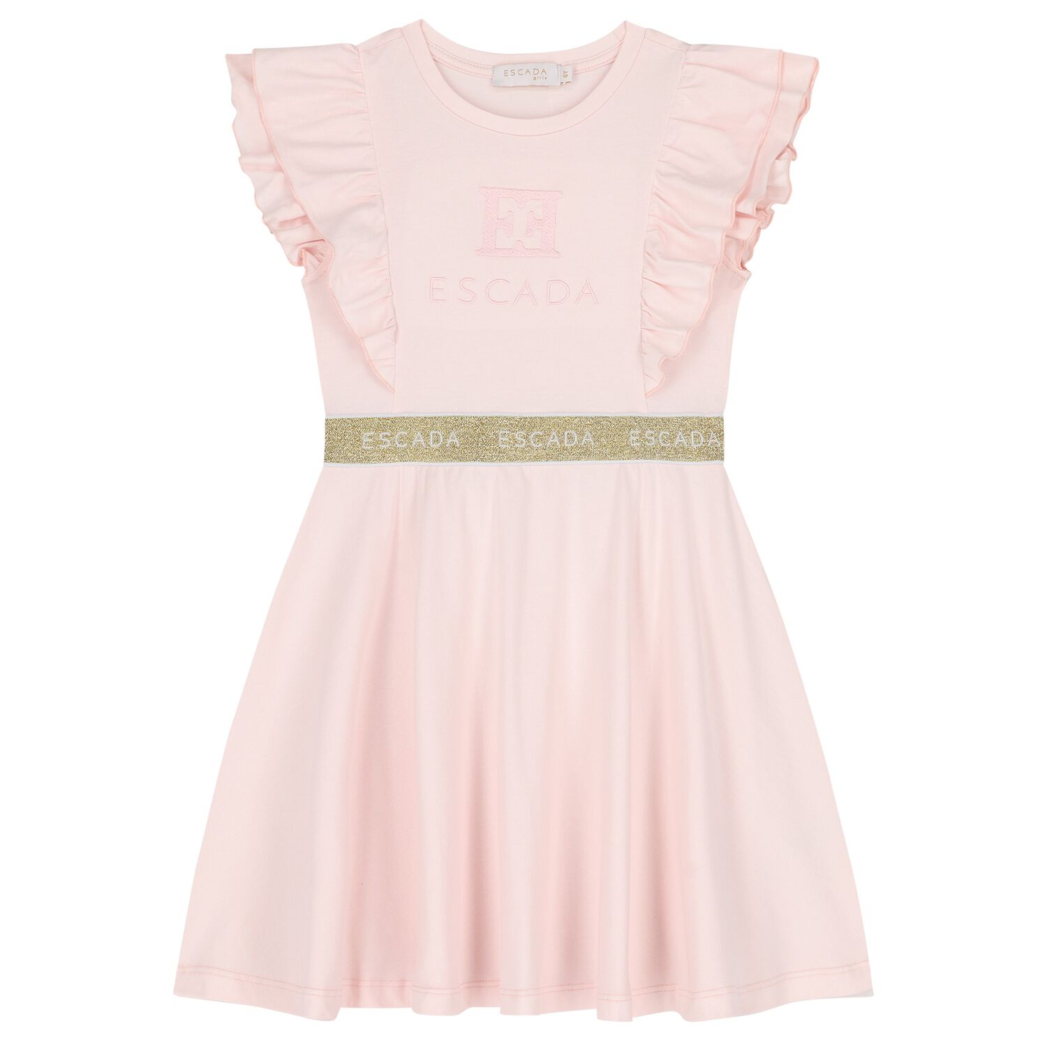 Girls Pink & Gold Logo Ruffled Dress, 2, hi-res