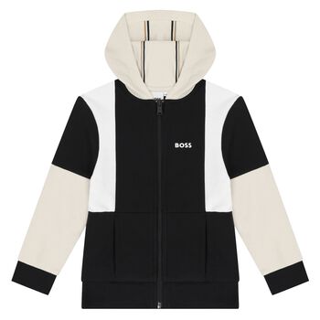 Boys Black & Ivory Logo Hooded Zip Up Top