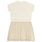 Girls Beige Logo Pleated Dress, 1, hi-res