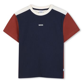 Boys Navy Blue, Ivory & Orange Logo T-Shirt