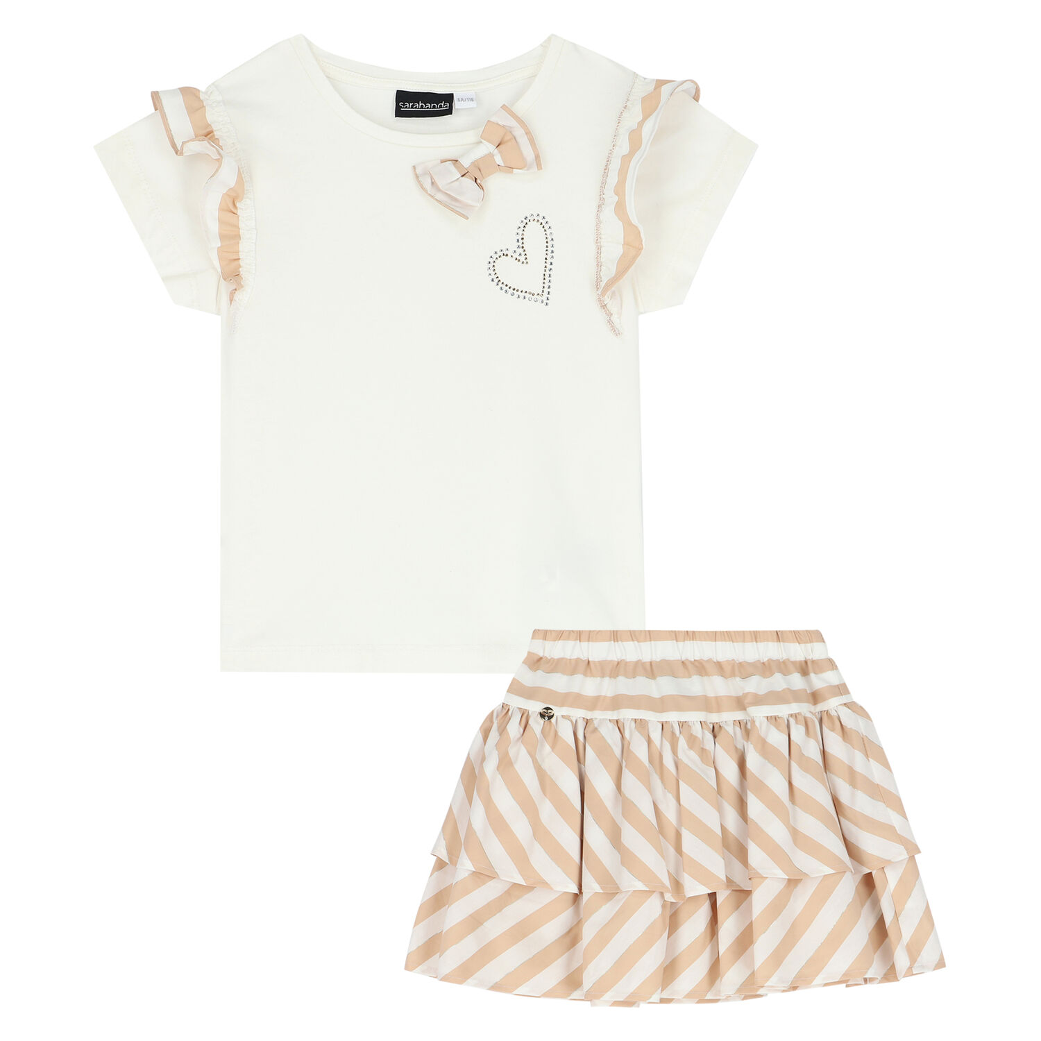 Girls White & Beige Striped Skirt Set, 1, hi-res