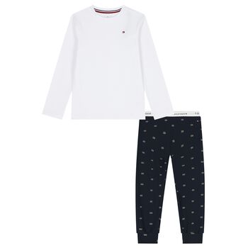 Boys White & Navy Blue Logo Pyjamas
