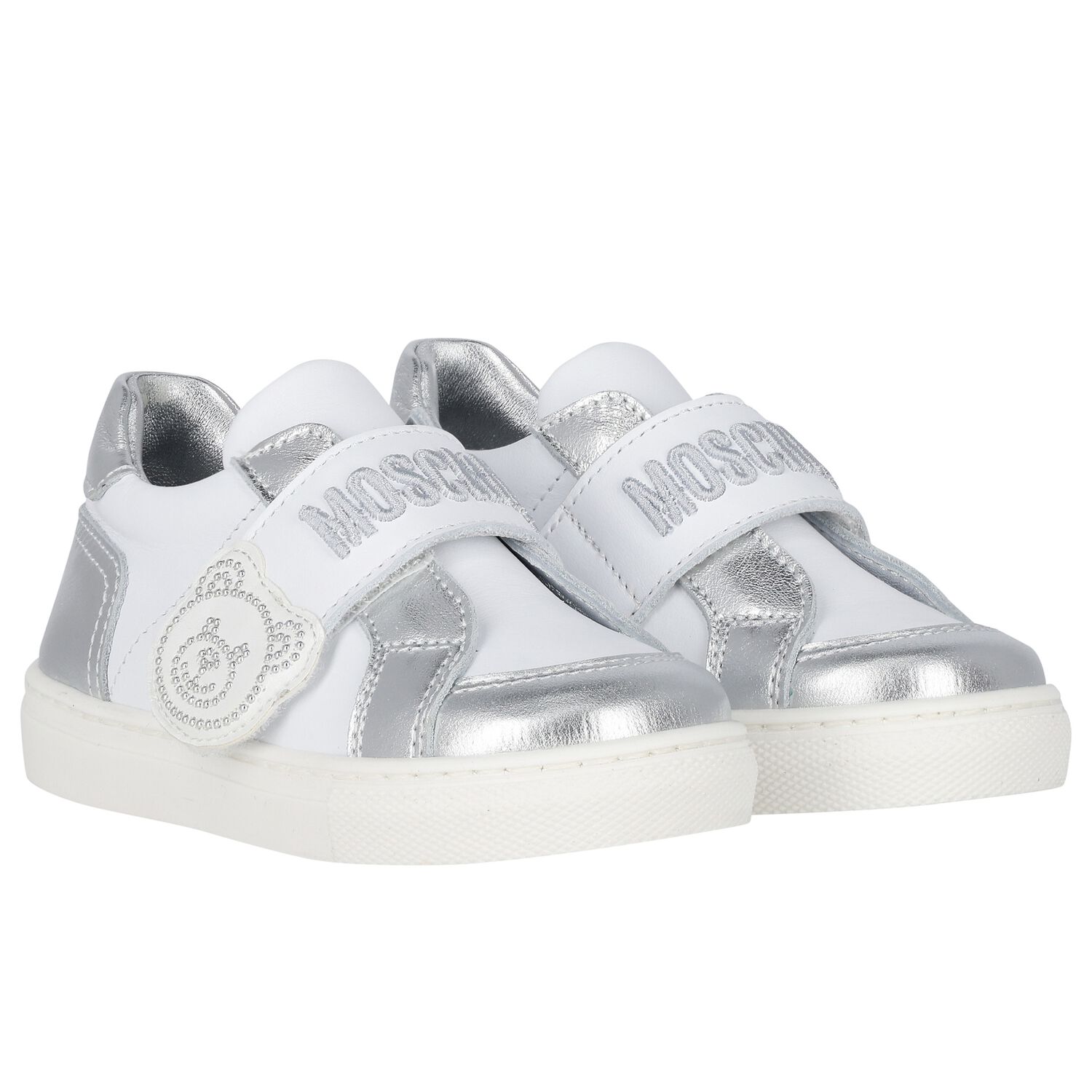 White & Silver Teddy Bear Logo Trainers, 1, hi-res image number null