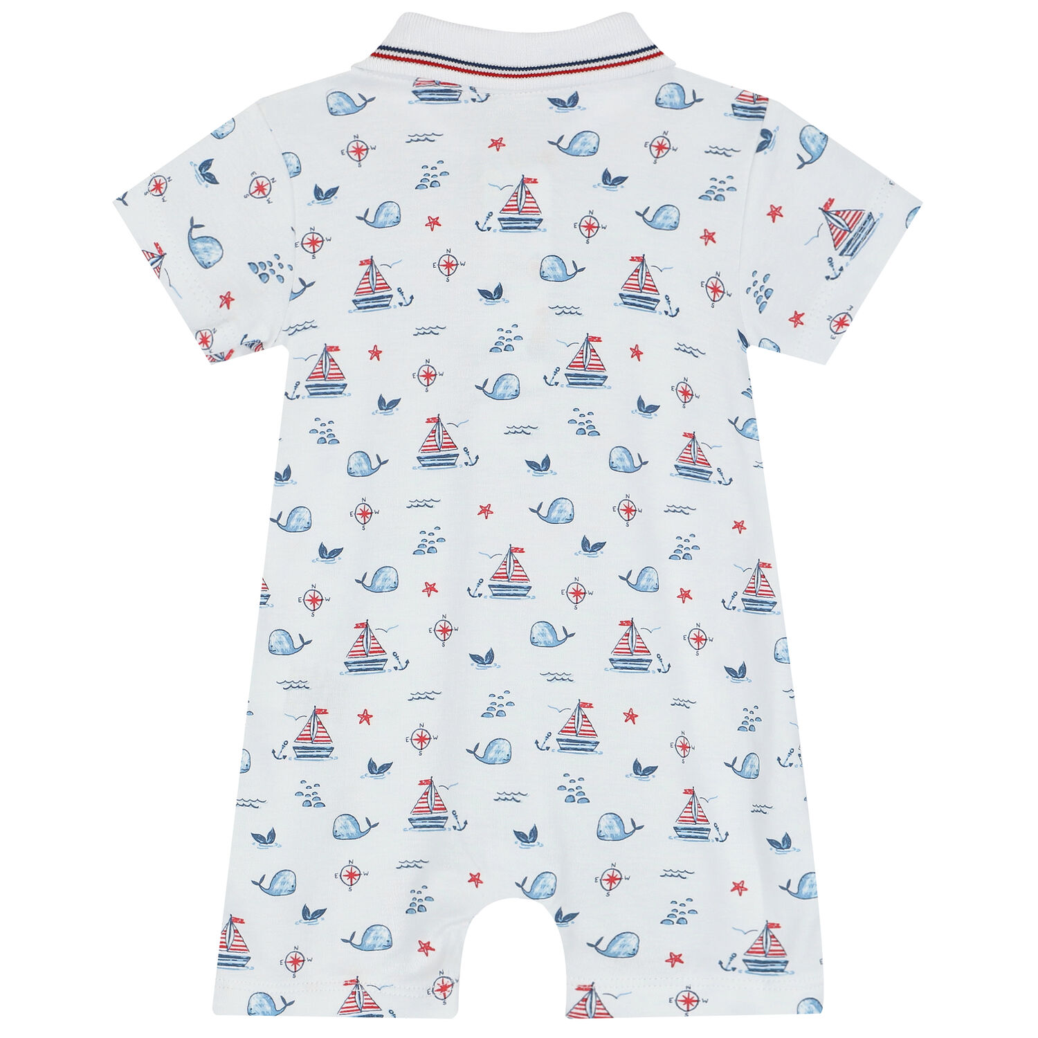 Baby Boys White Sail & Whale Polo Romper, 1, hi-res