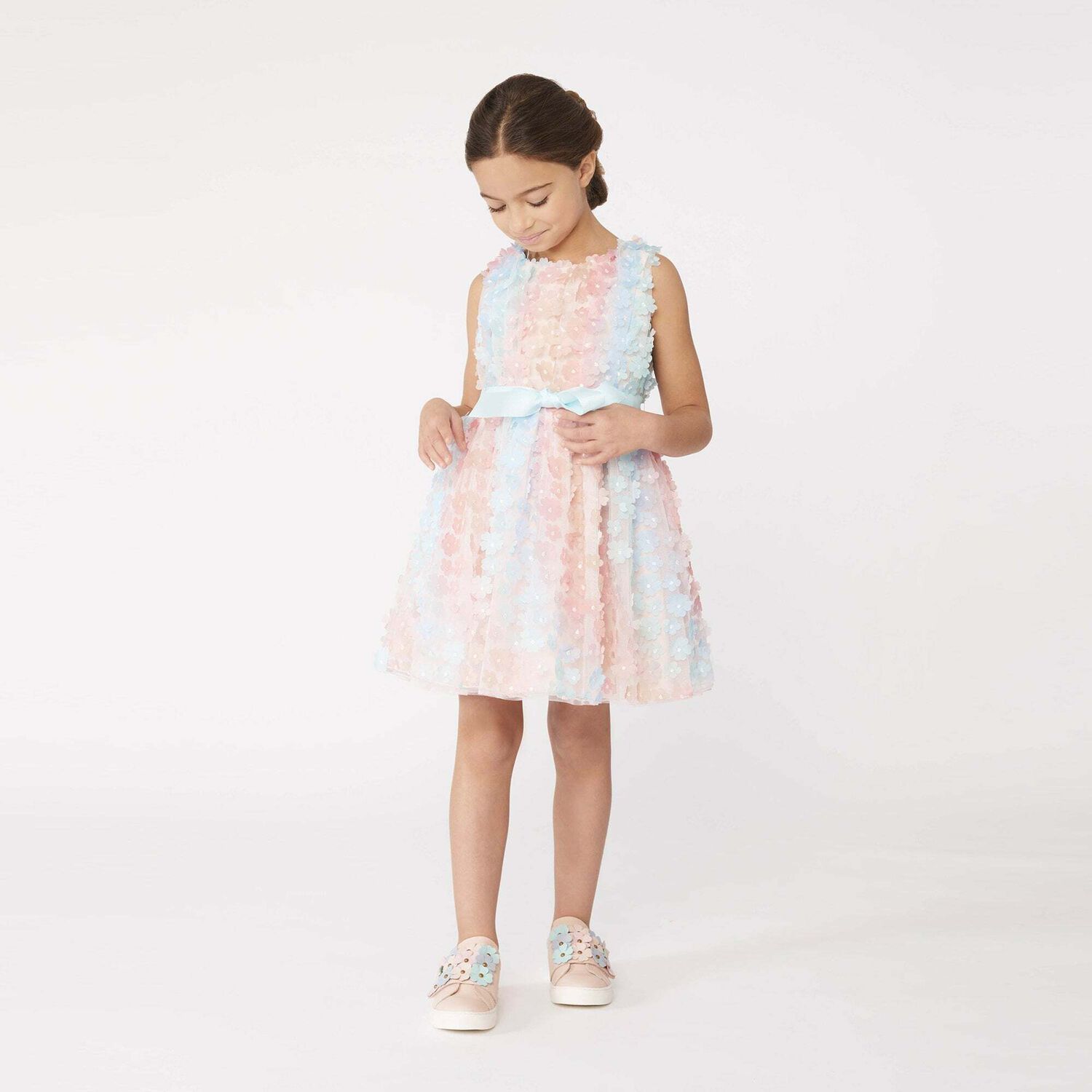 Girls Rainbow Floral Tulle Dress, 1, hi-res
