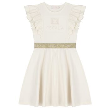 Girls Ivory & Gold Logo Ruffled Dress