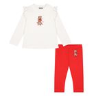 Younger Girls Ivory & Red Teddy Bear Leggings Set, 1, hi-res