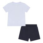 Baby Boys Blue & Navy Blue Logo Shorts Set, 2, hi-res